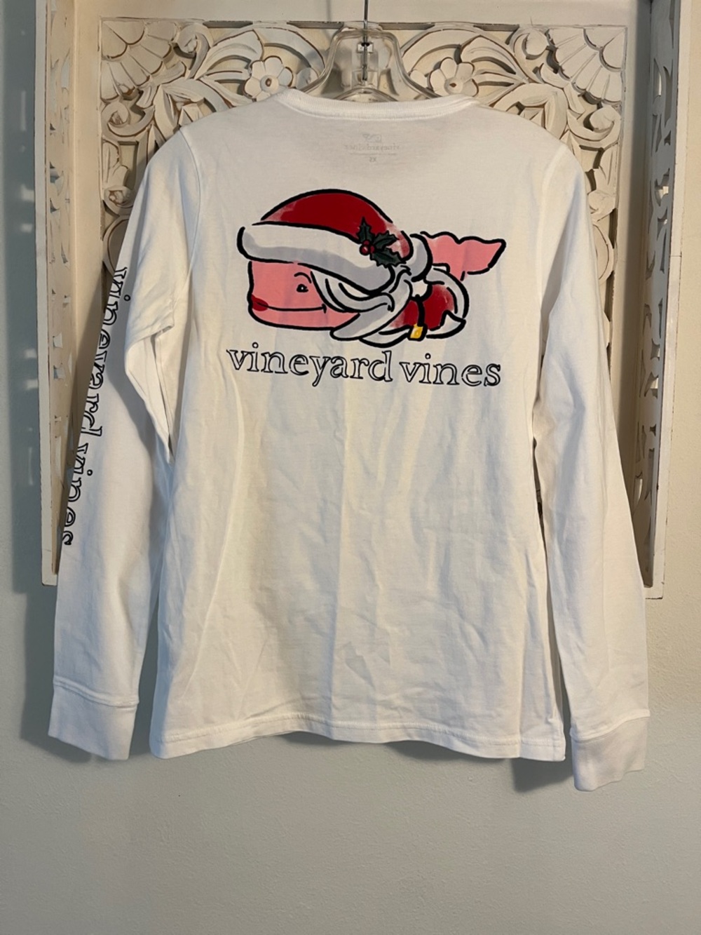 Vineyard Vines White Long Sleeve Tee with Pink Whale and Red Santa Hat